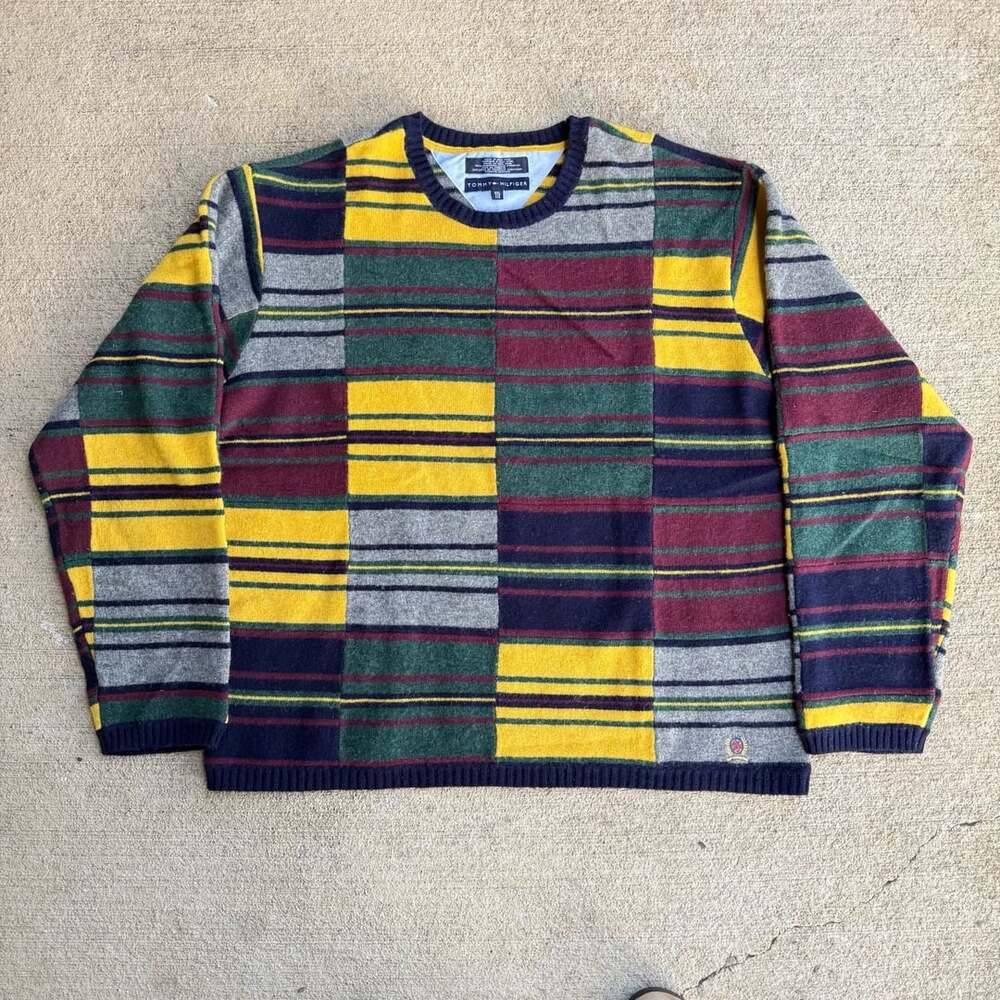 Tommy Hilfiger Patchwork Lambswool Sweater Size XXL Multicolor